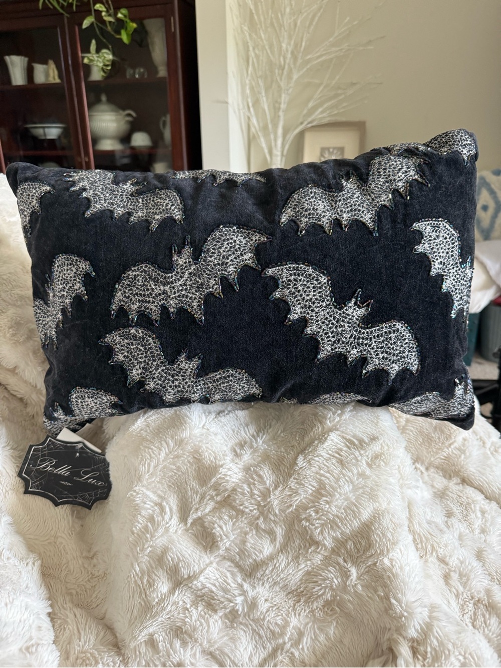 Bella Lux- black velvet pillow, bat hand sewn with iridescent beads